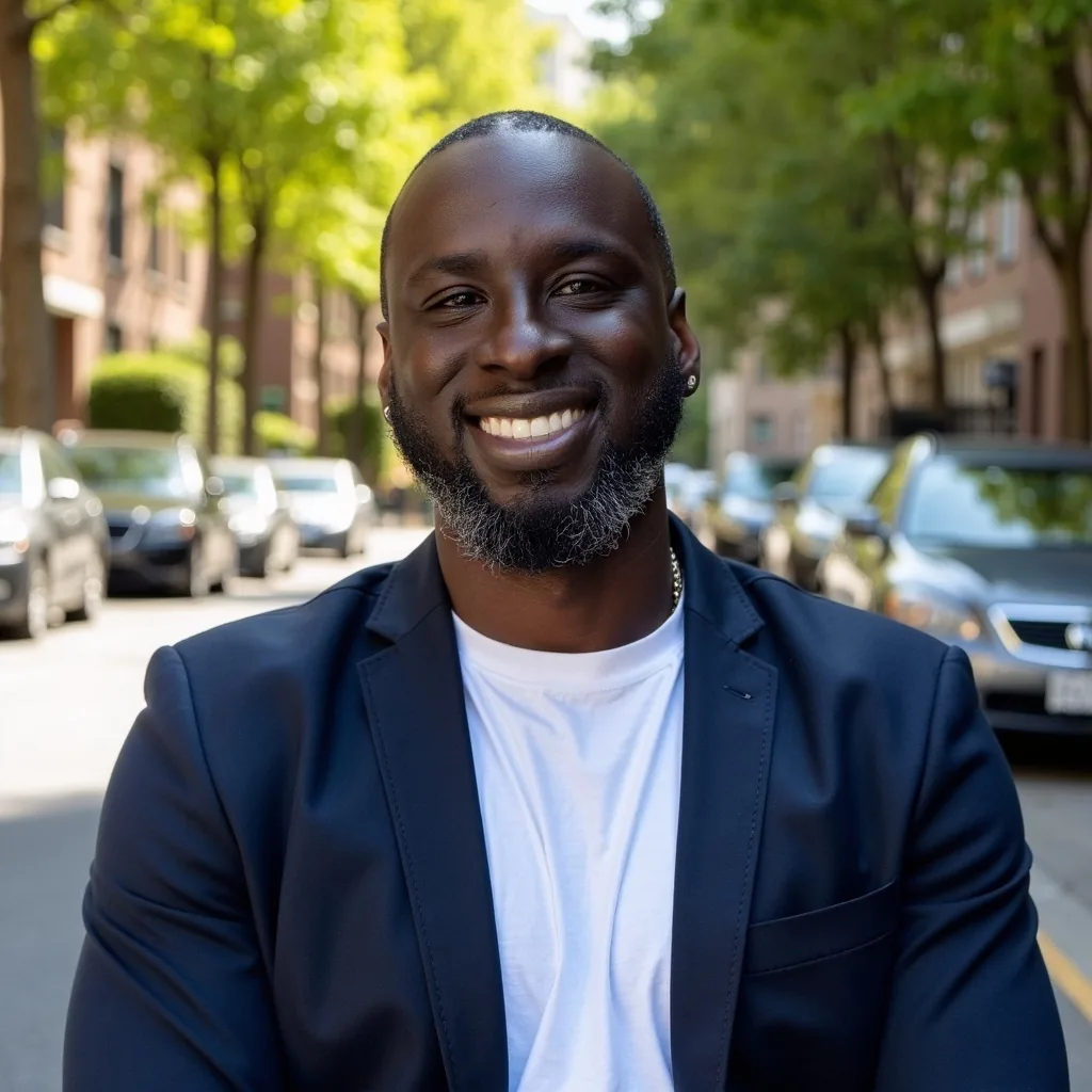 Joseph Bradford III, photographed outdoors on a tree-lined street